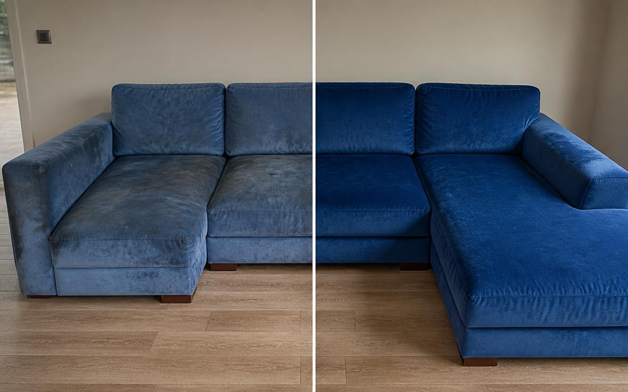 Avant et après nettoyage d'un canapé d'angle en velours bleu à Chenôve par TO CLEAN